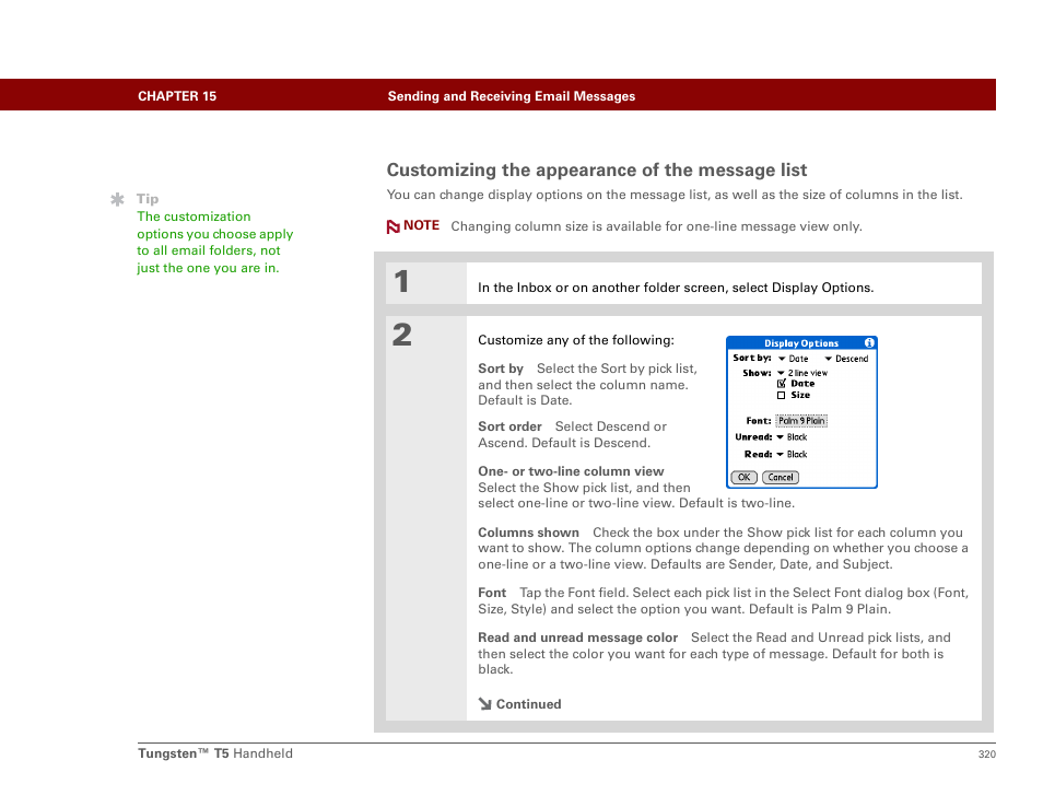 Customizing the appearance of the message list | Palm Tungsten T5 User Manual | Page 342 / 675