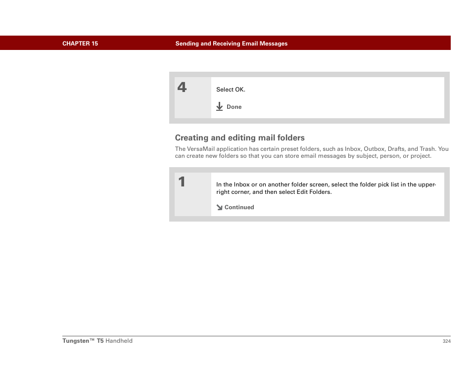 Creating and editing mail folders | Palm Tungsten T5 User Manual | Page 346 / 675