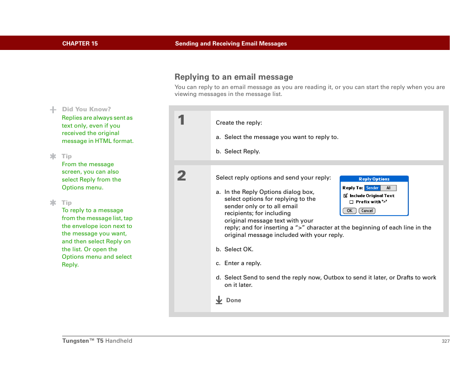 Replying to an email message | Palm Tungsten T5 User Manual | Page 349 / 675