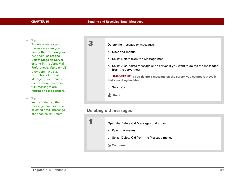 Deleting old messages | Palm Tungsten T5 User Manual | Page 351 / 675