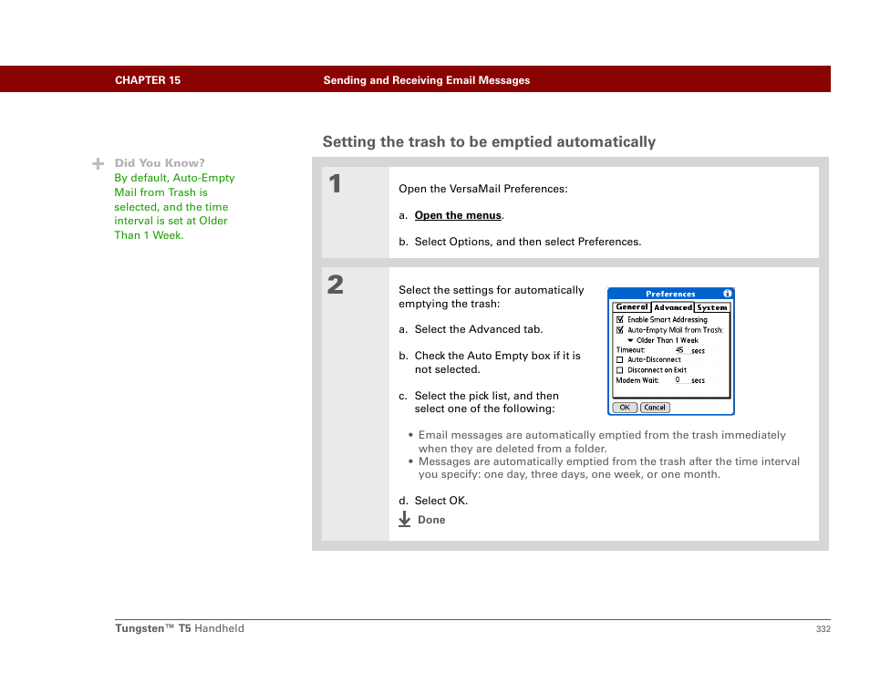 Setting the trash to be emptied automatically | Palm Tungsten T5 User Manual | Page 354 / 675
