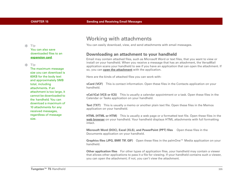 Working with attachments, Downloading an attachment to your handheld, Download attachments | Palm Tungsten T5 User Manual | Page 357 / 675