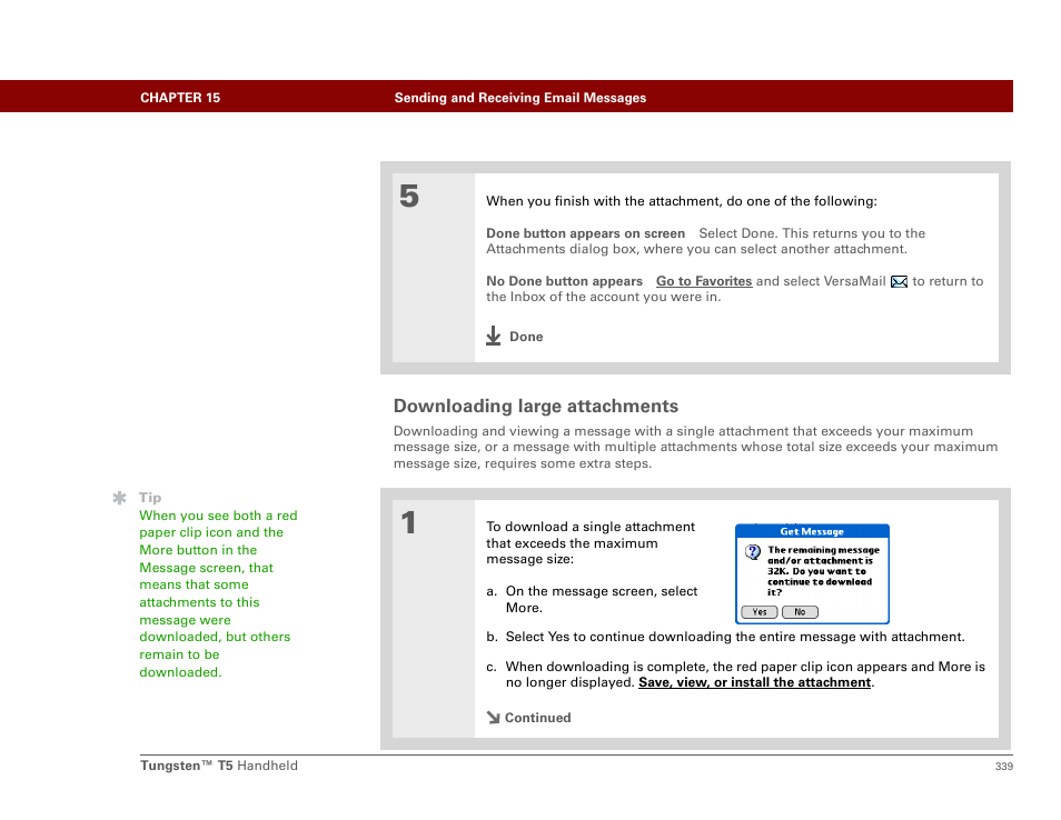 Downloading large attachments | Palm Tungsten T5 User Manual | Page 361 / 675