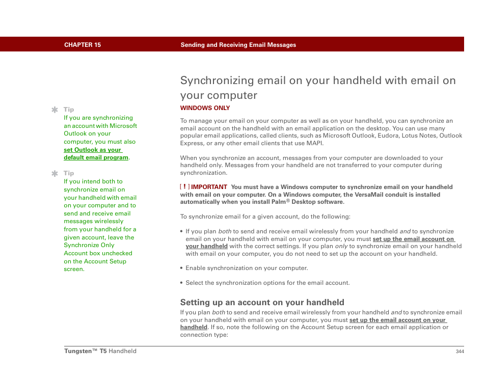 Setting up an account on your handheld, Setting synchronization options, R setting synchronization options | Palm Tungsten T5 User Manual | Page 366 / 675
