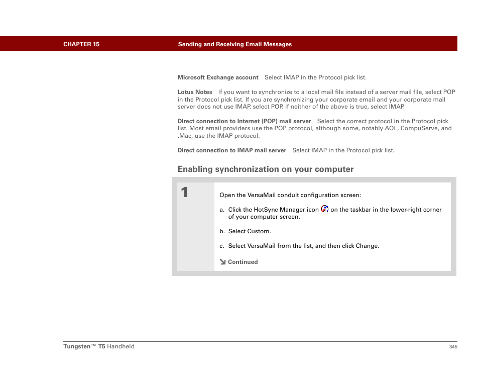 Enabling synchronization on your computer | Palm Tungsten T5 User Manual | Page 367 / 675