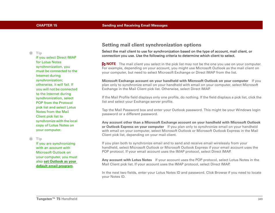 Setting mail client synchronization options | Palm Tungsten T5 User Manual | Page 371 / 675