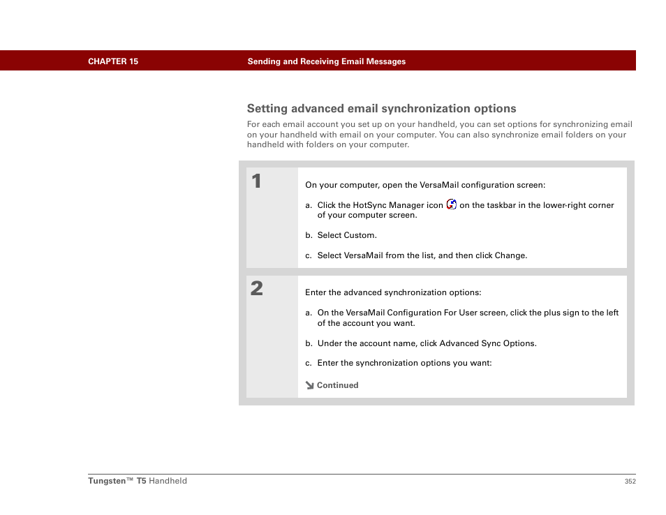 Setting advanced email synchronization options | Palm Tungsten T5 User Manual | Page 374 / 675