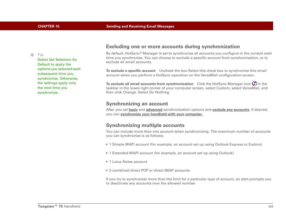 Synchronizing an account, Synchronizing multiple accounts | Palm Tungsten T5 User Manual | Page 380 / 675