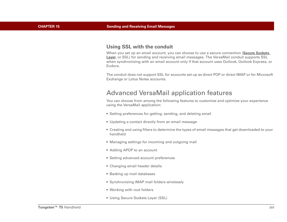 Using ssl with the conduit, Advanced versamail application features | Palm Tungsten T5 User Manual | Page 381 / 675