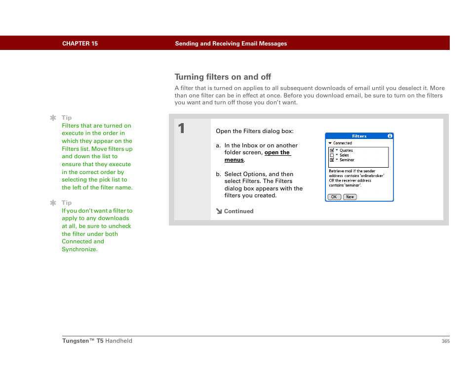 Turning filters on and off | Palm Tungsten T5 User Manual | Page 387 / 675