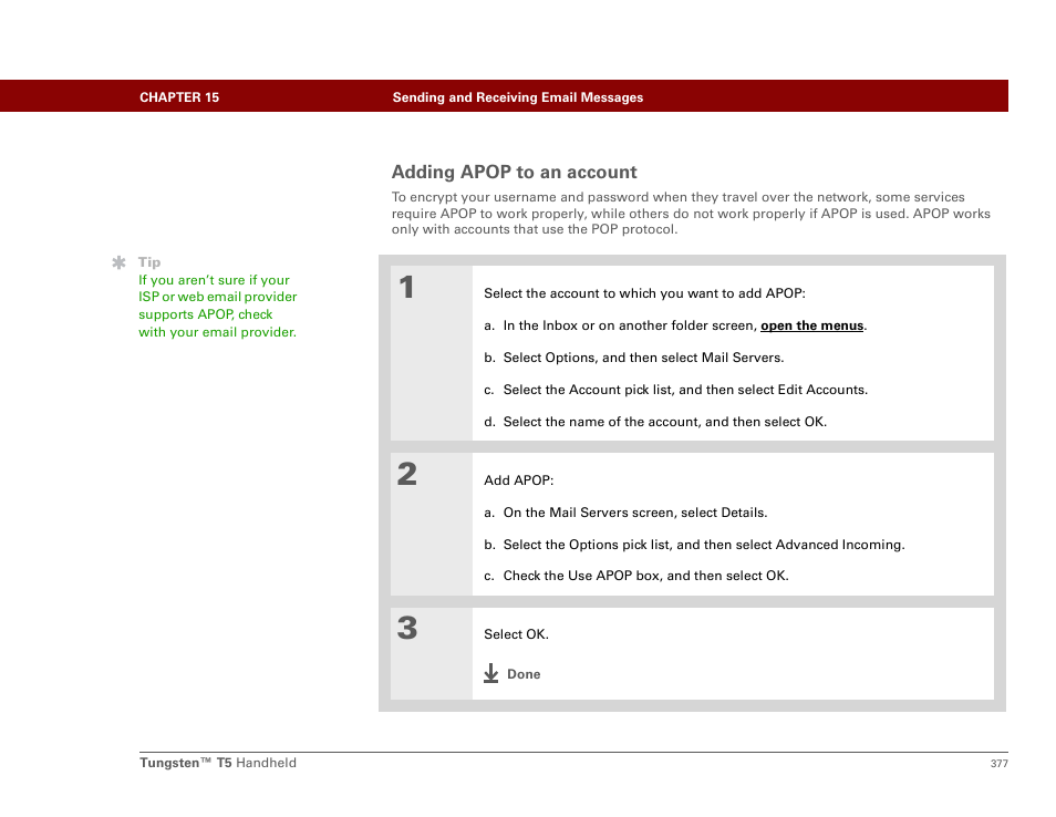 Adding apop to an account, Authenticated, Post office protocol (apop | Palm Tungsten T5 User Manual | Page 399 / 675