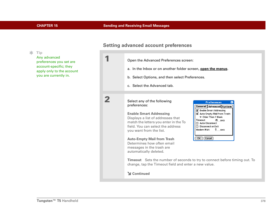 Setting advanced account preferences | Palm Tungsten T5 User Manual | Page 400 / 675