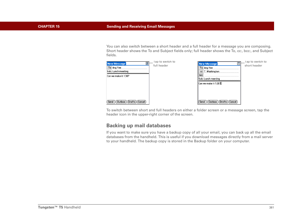Backing up mail databases | Palm Tungsten T5 User Manual | Page 403 / 675