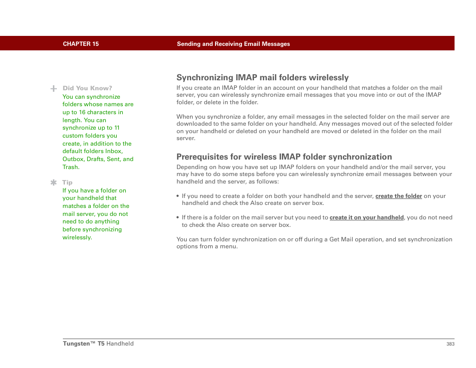 Synchronizing imap mail folders wirelessly, Wireless imap folder synchronization , you can | Palm Tungsten T5 User Manual | Page 405 / 675