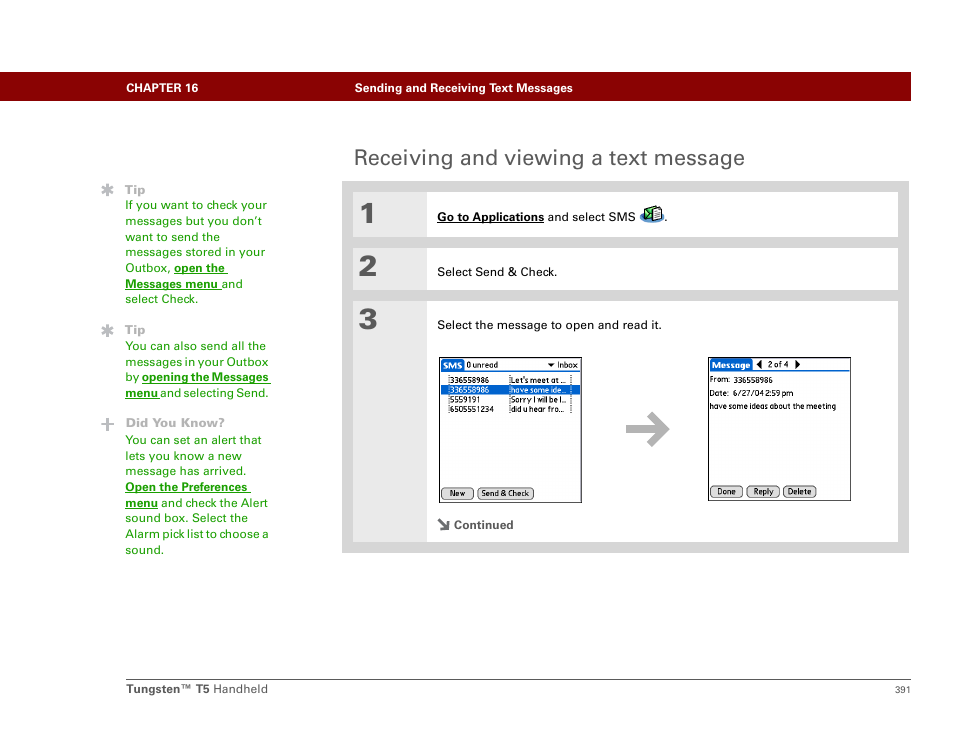 Receiving and viewing a text message | Palm Tungsten T5 User Manual | Page 413 / 675