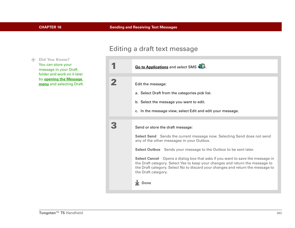 Editing a draft text message | Palm Tungsten T5 User Manual | Page 415 / 675