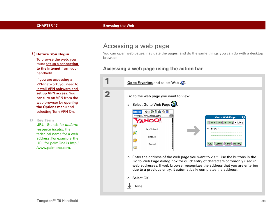 Enter a url in, Accessing a web page | Palm Tungsten T5 User Manual | Page 420 / 675