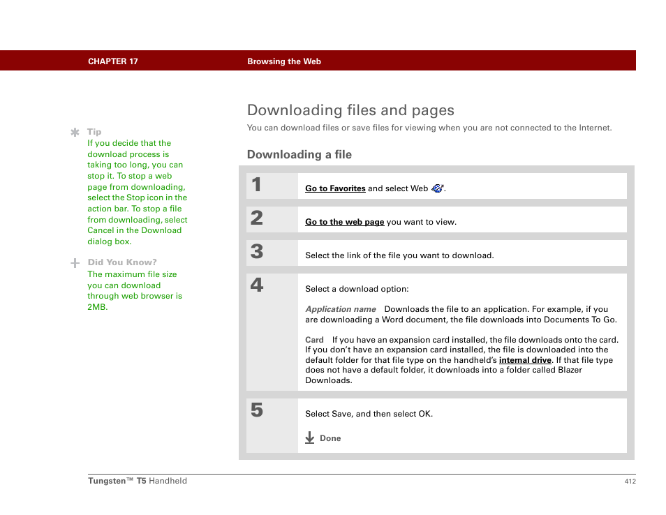 Downloading a file, Downloading files and pages | Palm Tungsten T5 User Manual | Page 434 / 675