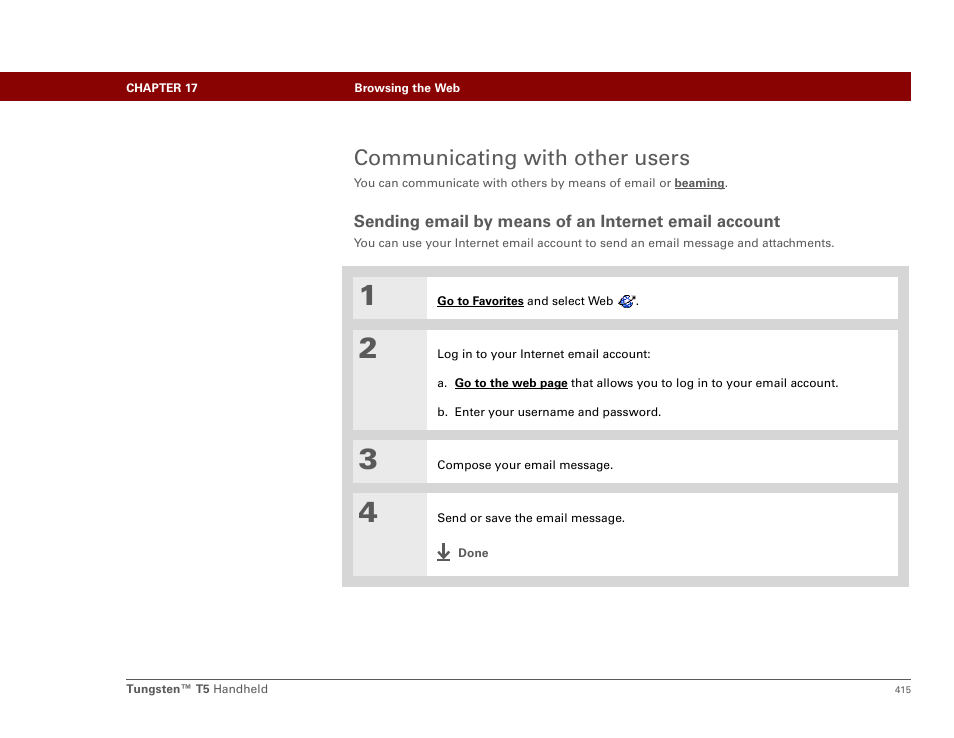 Communicating with other users | Palm Tungsten T5 User Manual | Page 437 / 675