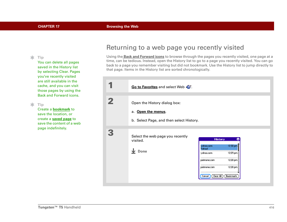 Returning to a web page you recently visited | Palm Tungsten T5 User Manual | Page 438 / 675