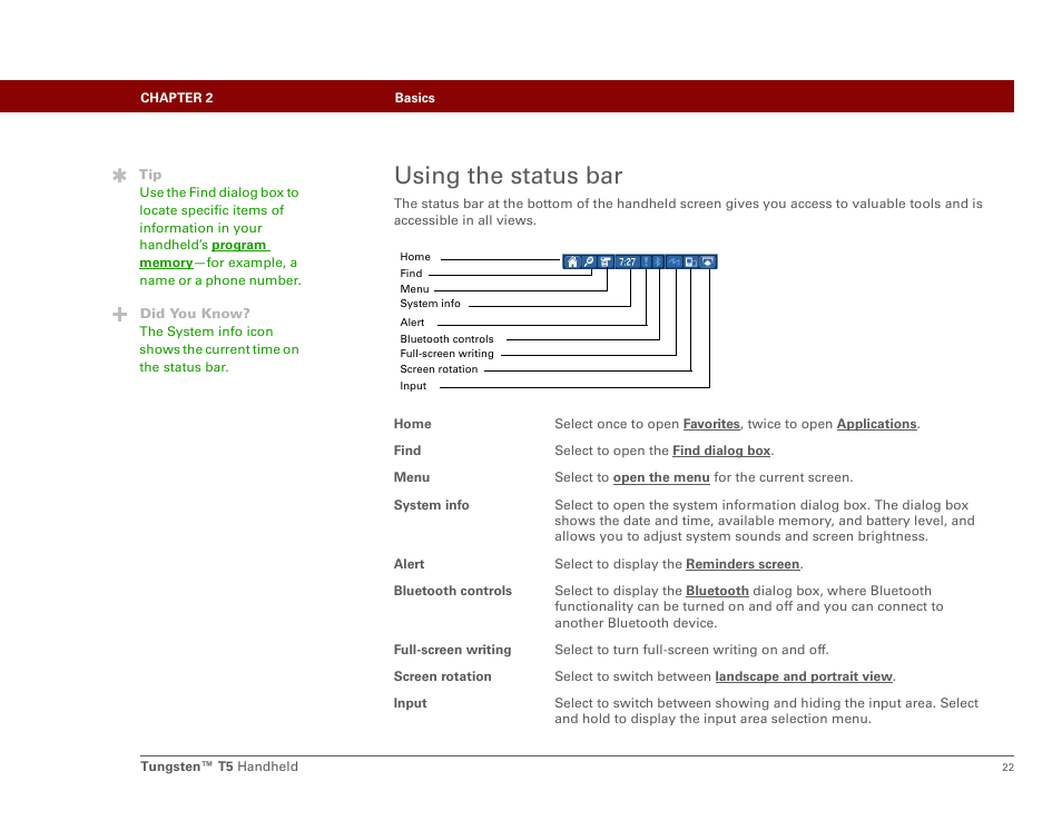 Using the status bar | Palm Tungsten T5 User Manual | Page 44 / 675