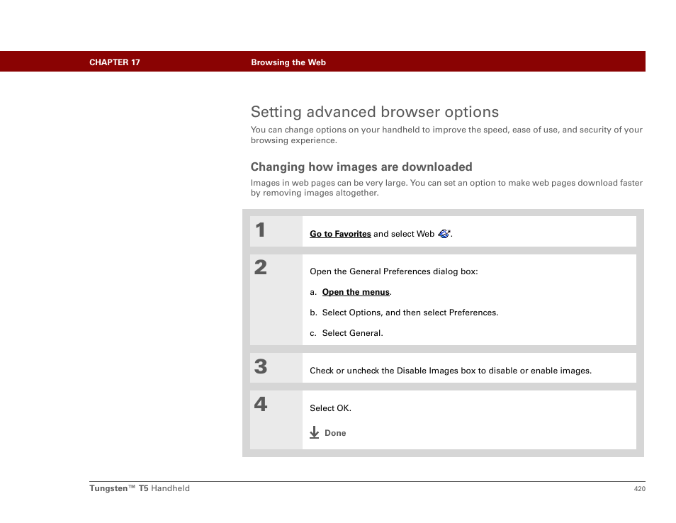 Setting advanced browser options, Changing how images are downloaded | Palm Tungsten T5 User Manual | Page 442 / 675