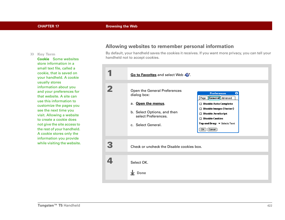 Allowing websites to remember personal information | Palm Tungsten T5 User Manual | Page 444 / 675