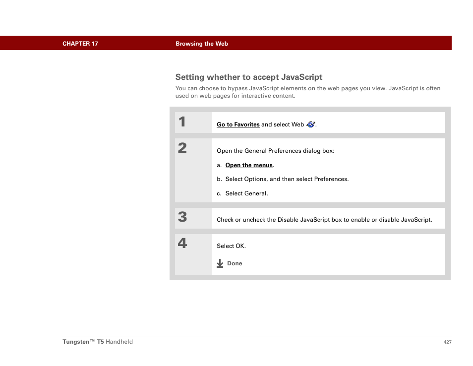 Setting whether to accept javascript | Palm Tungsten T5 User Manual | Page 449 / 675