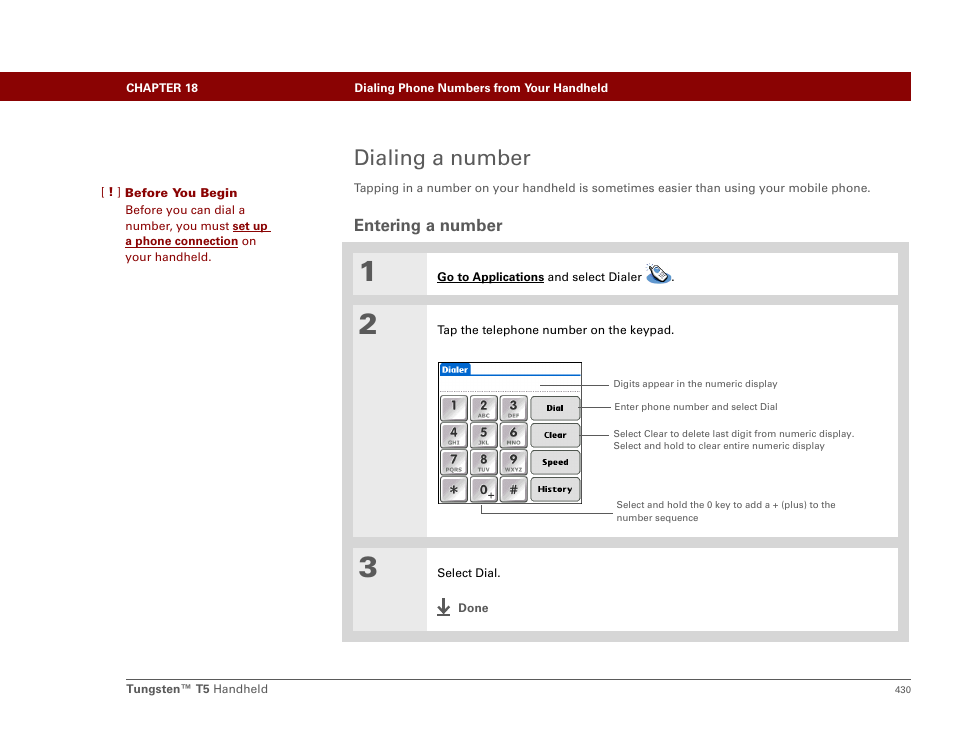 Dialing a number, Entering a number | Palm Tungsten T5 User Manual | Page 452 / 675