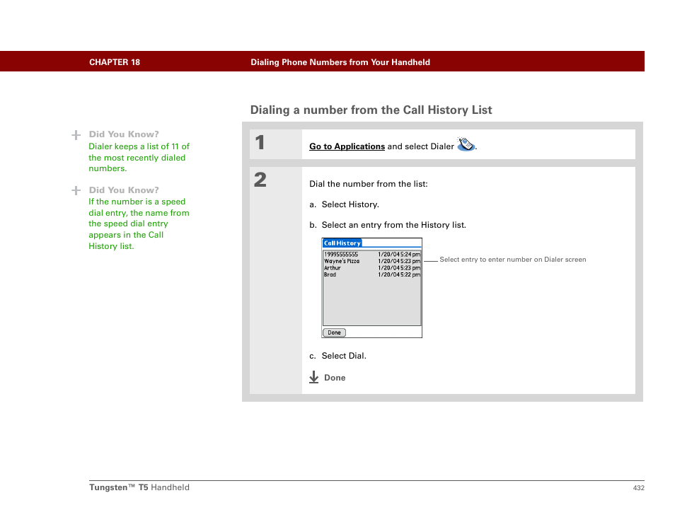 Dialing a number from the call history list | Palm Tungsten T5 User Manual | Page 454 / 675