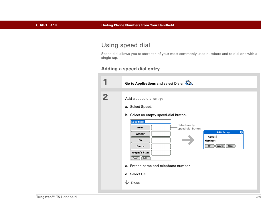 Using speed dial, Adding a speed dial entry | Palm Tungsten T5 User Manual | Page 455 / 675