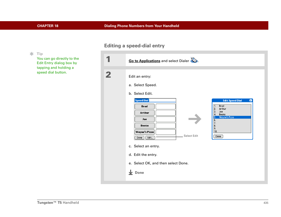 Editing a speed-dial entry | Palm Tungsten T5 User Manual | Page 457 / 675