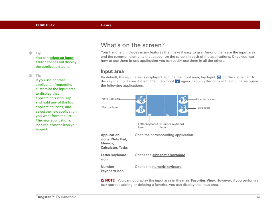 What’s on the screen, Input area | Palm Tungsten T5 User Manual | Page 46 / 675