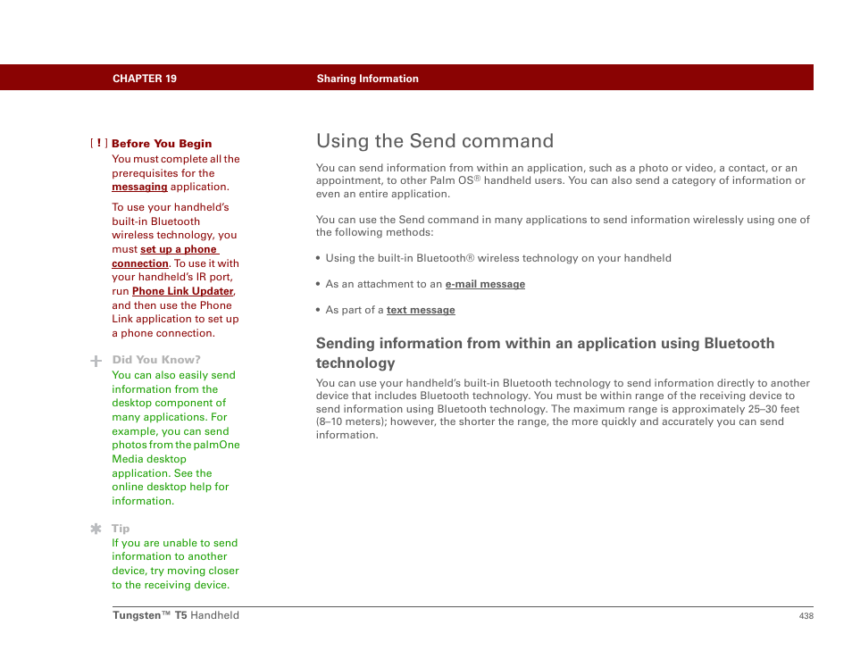Using the send command, Technology, Or send | Palm Tungsten T5 User Manual | Page 460 / 675