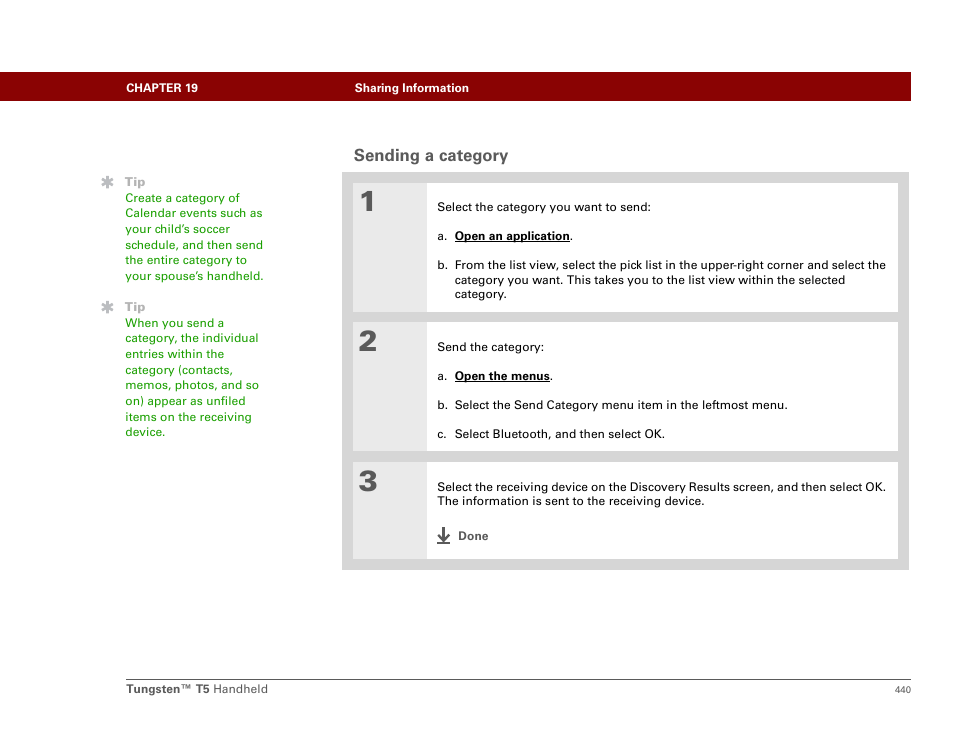 Sending a category | Palm Tungsten T5 User Manual | Page 462 / 675