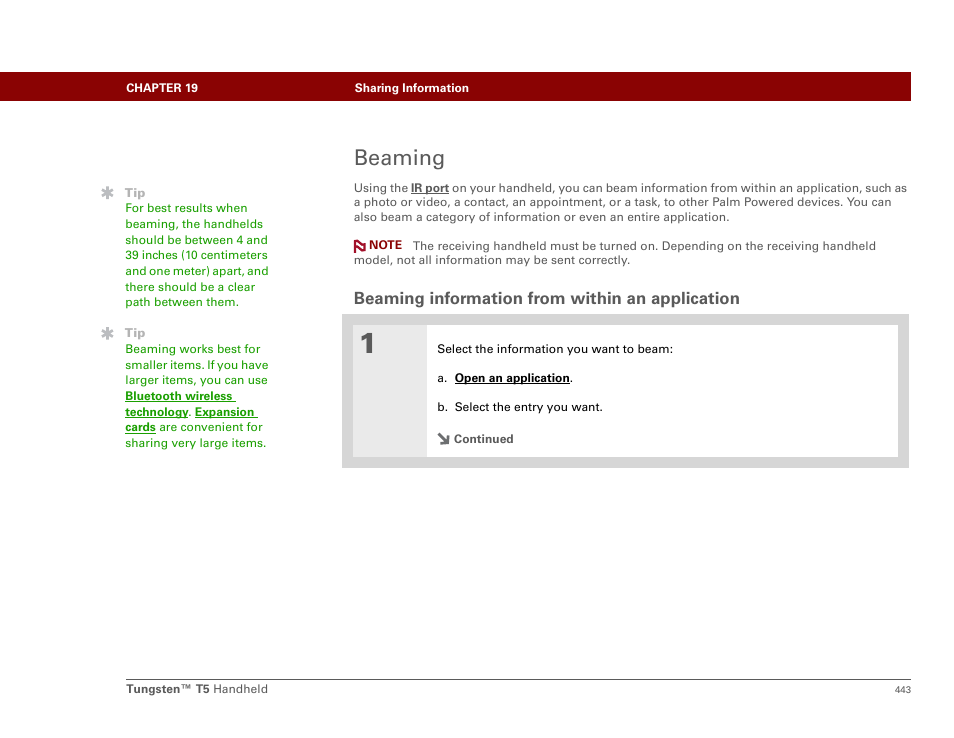 Beaming, Beaming information from within an application, Beam | Beam a photo or video to, Beam to | Palm Tungsten T5 User Manual | Page 465 / 675