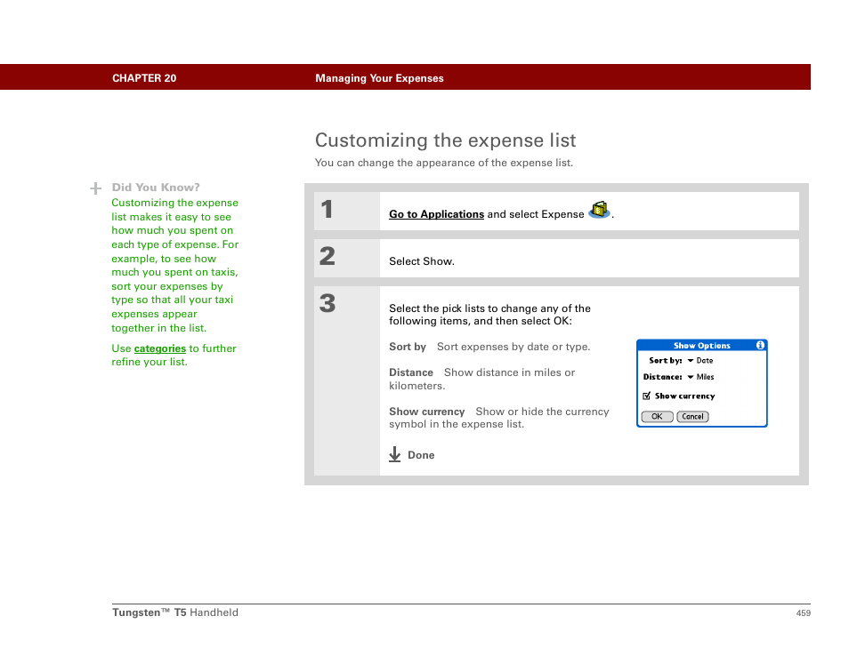 Customizing the expense list | Palm Tungsten T5 User Manual | Page 481 / 675