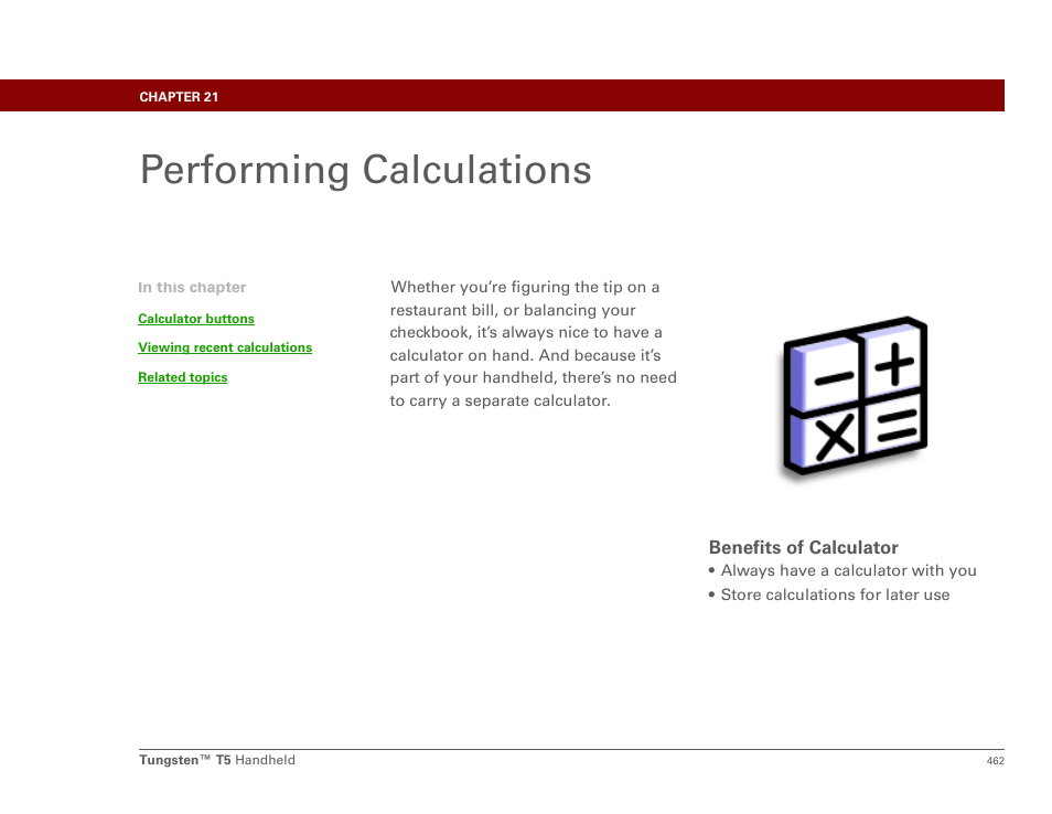 Performing calculations, Chapter 21: performing calculations, Calculator | Palm Tungsten T5 User Manual | Page 484 / 675
