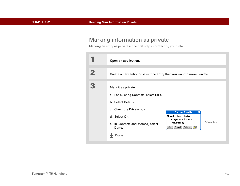 Marking information as private, Private , but | Palm Tungsten T5 User Manual | Page 491 / 675