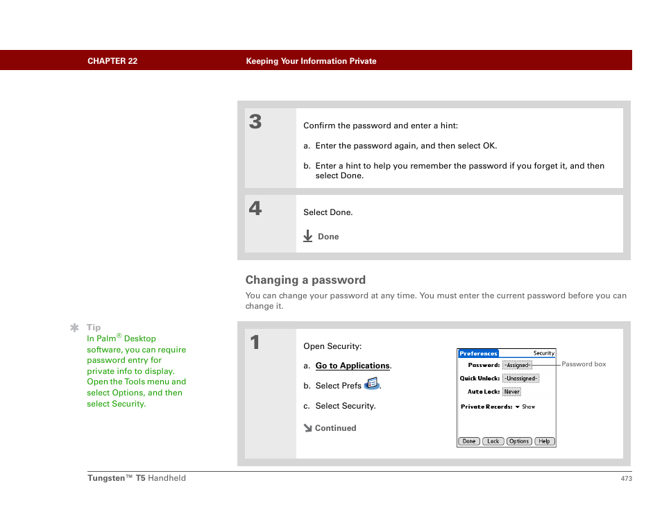 Changing a password | Palm Tungsten T5 User Manual | Page 495 / 675