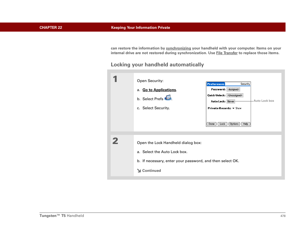 Locking your handheld automatically | Palm Tungsten T5 User Manual | Page 500 / 675
