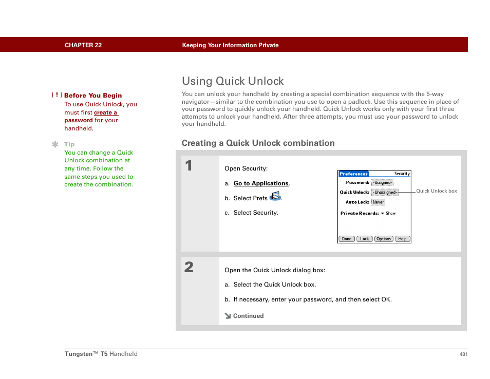 Using quick unlock, Creating a quick unlock combination | Palm Tungsten T5 User Manual | Page 503 / 675