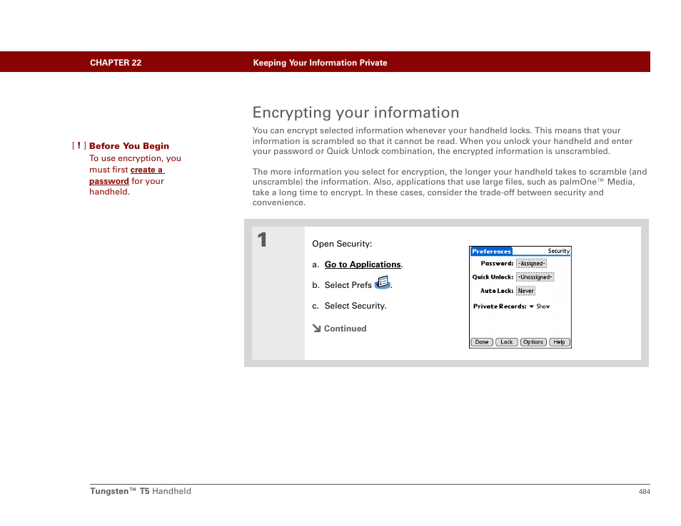 Encrypting your information, Encrypting entries | Palm Tungsten T5 User Manual | Page 506 / 675