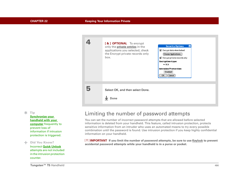 Limiting the number of password attempts | Palm Tungsten T5 User Manual | Page 508 / 675