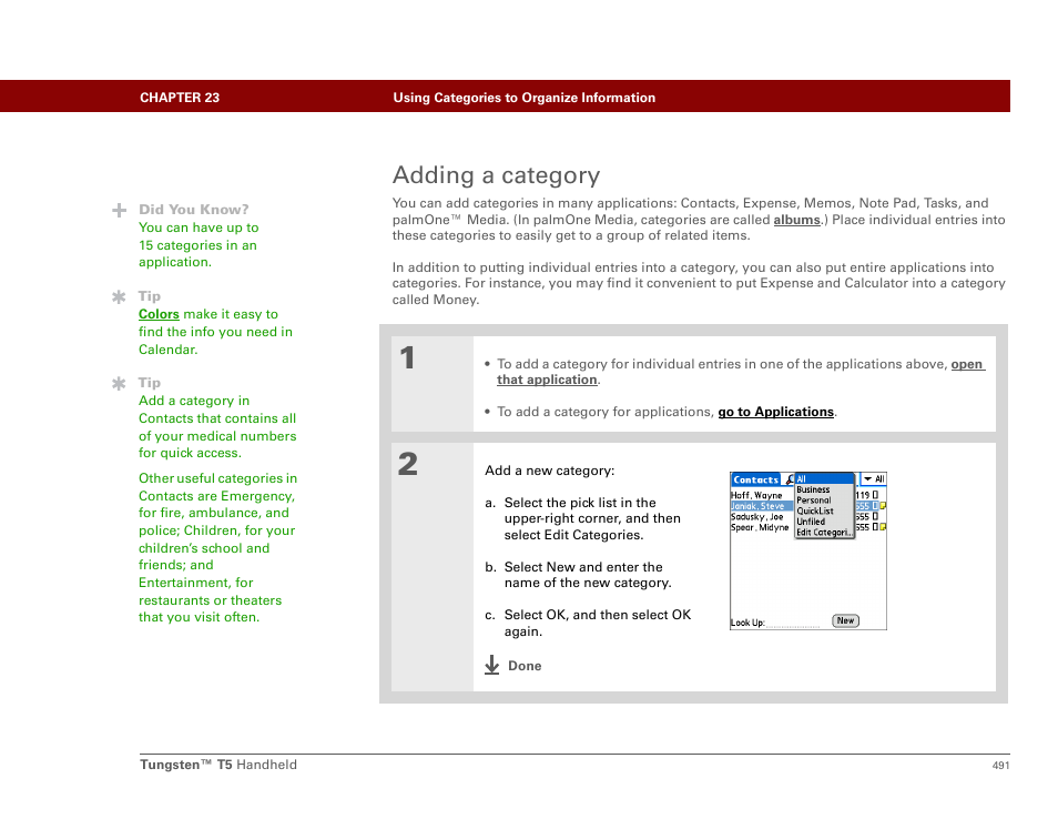 Adding a category | Palm Tungsten T5 User Manual | Page 513 / 675