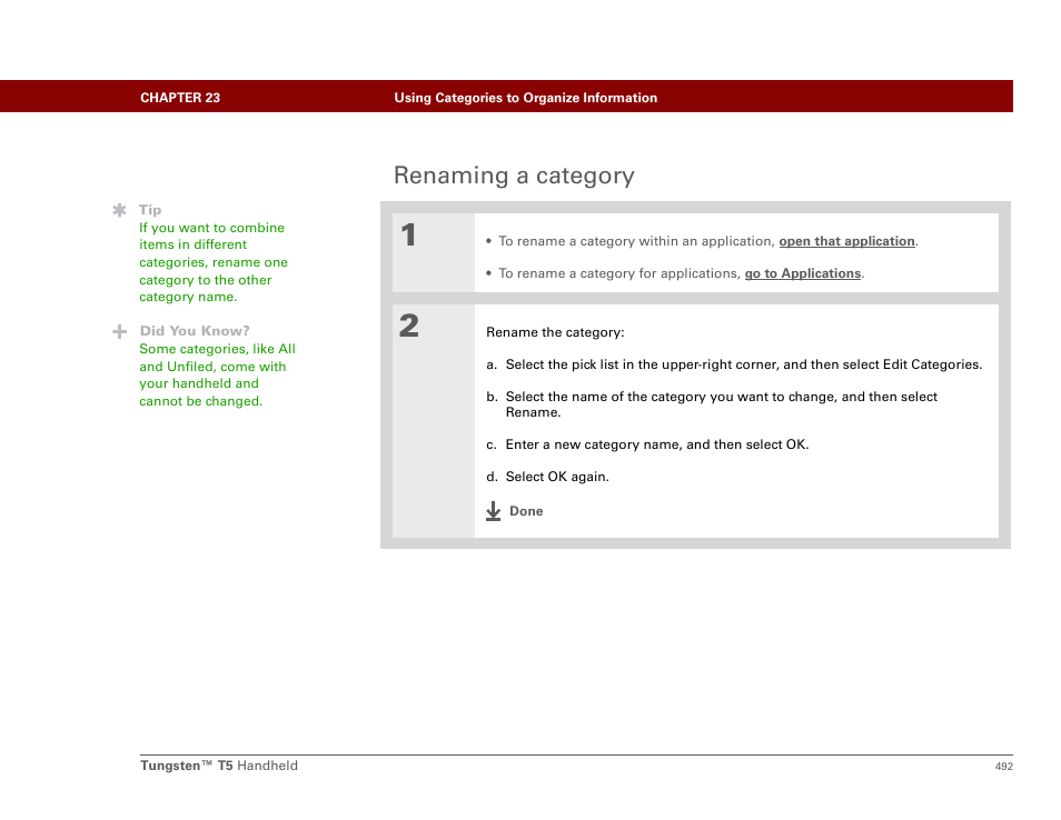 Renaming a category | Palm Tungsten T5 User Manual | Page 514 / 675