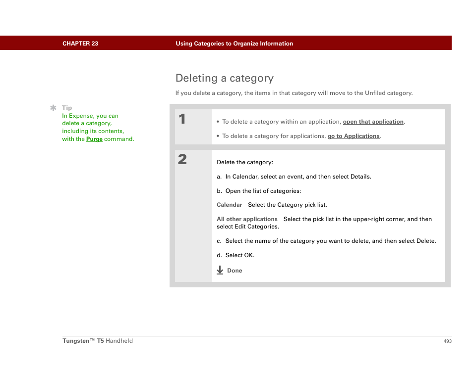 Deleting a category | Palm Tungsten T5 User Manual | Page 515 / 675
