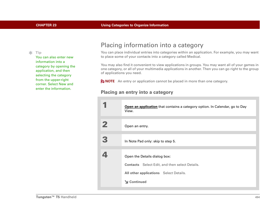 Placing information into a category, Placing an entry into a category | Palm Tungsten T5 User Manual | Page 516 / 675