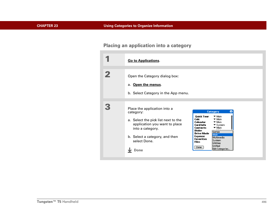 Placing an application into a category | Palm Tungsten T5 User Manual | Page 518 / 675