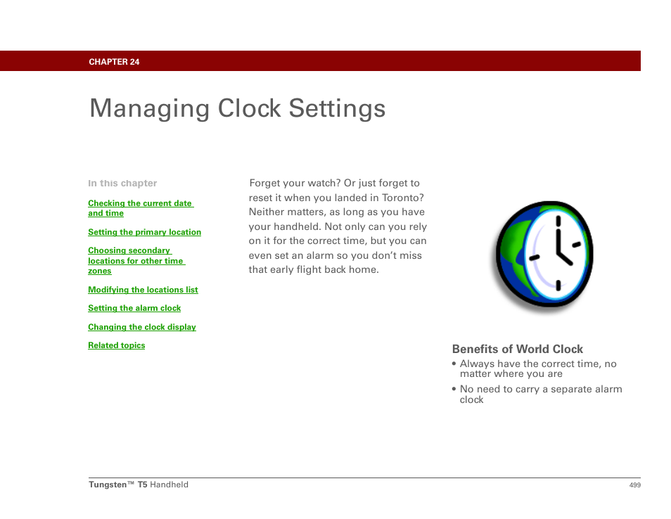 Managing clock settings, Chapter 24: managing clock settings, World clock | Palm Tungsten T5 User Manual | Page 521 / 675